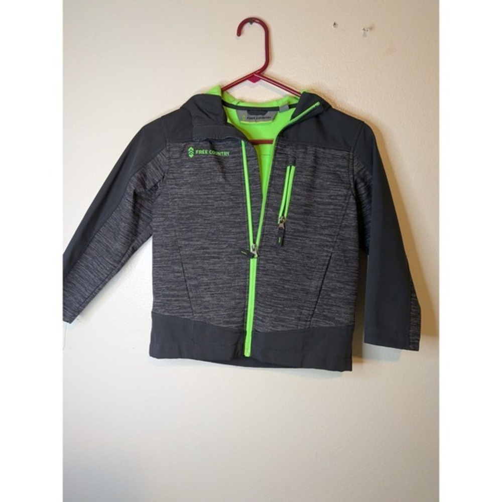 Free Countryโ Boys Softshell Hooded Jacket Neon Lime Trim Gray Heather Size M 8